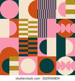 Modern vector abstract seamless geometric pattern with semicircles and circles in retro scandinavian style. Pastel colored simple shapes mosaic background. Bauhaus design inspired background.