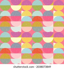 Modern vector abstract seamless geometric pattern with semicircles and circles in retro scandinavian style. Pastel colored colorful shapes with worn out texture .