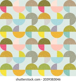 Modern vector abstract seamless geometric pattern with semicircles and circles in retro scandinavian style. Pastel colored colorful shapes with worn out texture .