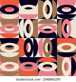 Modern vector abstract seamless geometric pattern with circle, semicircles and ovals in retro scandinavian style. Pastel colored simple shapes background.