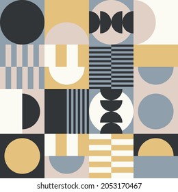 Modern vector abstract seamless geometric pattern with semicircles and circles in retro scandinavian style. Pastel colored simple shapes mosaic background. Bauhaus design inspired background.