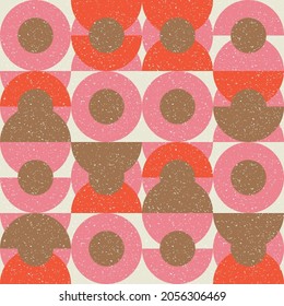 Modern vector abstract seamless geometric pattern with semicircles and circles in retro scandinavian style. Pastel colored simple shapes with separate worn out texture.

