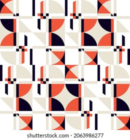 Modern vector abstract seamless geometric pattern with semicircles, rectangles, squares and circles in retro scandinavian style. Pastel colored simple shapes graphic background.
