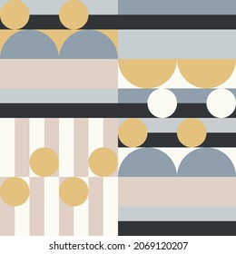 Patrón geométrico abstracto vectorial moderno con semicírculos y círculos de estilo retro escandinavo. El color pastel de las formas simples forma el fondo del mosaico. Diseño inspirado en el diseño de Bauhaus.