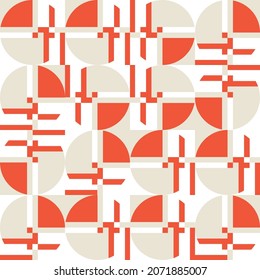 Modern vector abstract seamless geometric pattern with semicircles, rectangles, squares and circles in retro scandinavian style. Pastel colored simple shapes graphic background.
