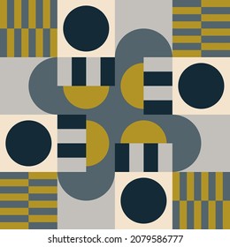 Modern vector abstract seamless geometric pattern with semicircles and circles in retro scandinavian style. Pastel colored simple shapes mosaic background. Bauhaus design inspired background.