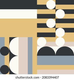 Modern vector abstract seamless geometric pattern with semicircles and circles in retro scandinavian style. Pastel colored simple shapes mosaic background. Bauhaus design inspired background.