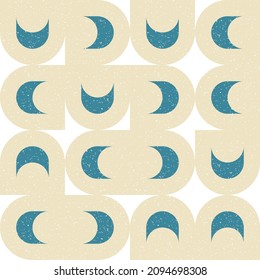 Modernes, abstraktes, nahtloses geometrisches Muster mit Semikeln und Kreisen im Retro-Skandinavien-Stil. Pastellfarbene, einfache Formen mit separater abgenutzter Textur.

