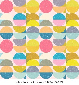 Modern vector abstract seamless geometric pattern with semicircles and circles in retro scandinavian style. Pastel colored colorful shapes with worn out texture .