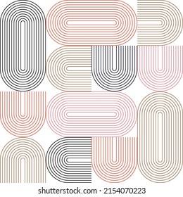 Modern vector abstract seamless geometric pattern with semicircles and circles in retro  style. Pastel colored lines on white background. Minimalist illustration in Bauhaus style with simple shapes.