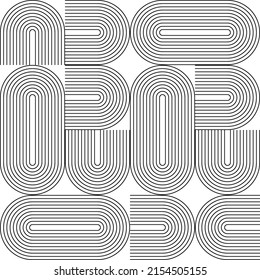 Modern vector abstract seamless geometric pattern with semicircles and circles in retro  style. Black u shapes on white background. Minimalist  illustration in Bauhaus style with simple shapes.