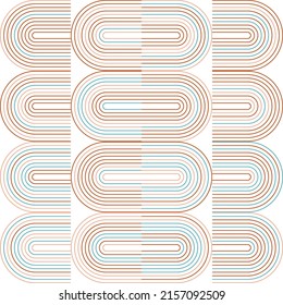 Modern vector abstract seamless geometric pattern with semicircles and circles in retro  style. Pastel colored lines on white background. Minimalist illustration in Bauhaus style with simple shapes.