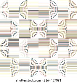 Modern vector abstract seamless geometric pattern with semicircles and circles in retro  style. Pastel colored lines on white background. Minimalist illustration in Bauhaus style with simple shapes.