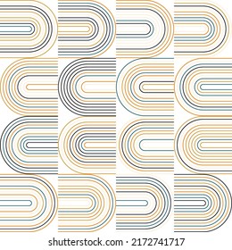 Patrón geométrico abstracto vectorial moderno con semicírculos y círculos en estilo retro. Pega líneas de color sobre fondo blanco. Ilustración minimalista en estilo Bauhaus con formas simples.