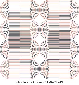 Patrón geométrico abstracto vectorial moderno con semicírculos y círculos en estilo retro. Pega líneas de color sobre fondo blanco. Ilustración minimalista en estilo Bauhaus con formas simples.