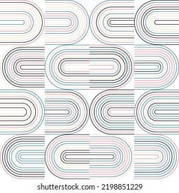 Modern vector abstract seamless geometric pattern with semicircles and circles in retro  style. Pastel colored lines on white background. Minimalist illustration in Bauhaus style with simple shapes.