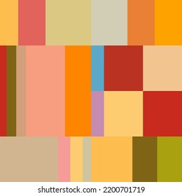 Modern vector abstract seamless geometric pattern with stripes, squares and rectangles in retro Scandinavian style. Colorful simple shapes mosaic. Bauhaus design inspired background.