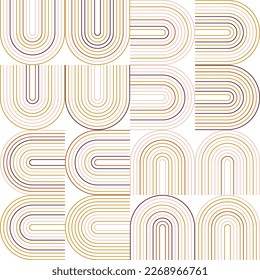 Modern vector abstract seamless geometric pattern with semicircles and circles in retro  style. Pastel colored lines on white background. Minimalist illustration in Bauhaus style with simple shapes.