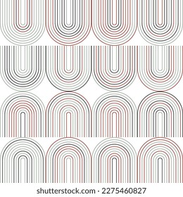 Modern vector abstract seamless geometric pattern with semicircles and circles in retro  style. Pastel colored lines on white background. Minimalist illustration in Bauhaus style with simple shapes.
