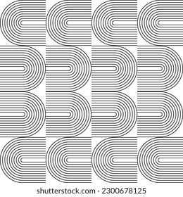 Modern vector abstract seamless geometric pattern with semicircles and circles in retro  style. Black u shapes on white background. Minimalist illustration in Bauhaus style with simple shapes.