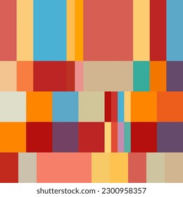 Modern vector abstract seamless geometric pattern with stripes, squares and rectangles in retro Scandinavian style. Colorful simple shapes mosaic. Bauhaus design inspired background.