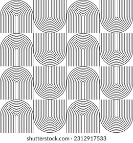 Modern vector abstract seamless geometric pattern with semicircles and circles in retro  style. Black u shapes on white background. Minimalist illustration in Bauhaus style with simple shapes.