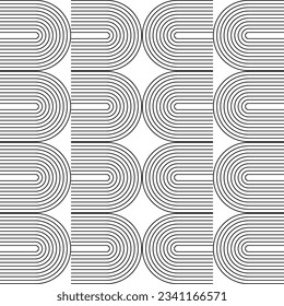Modern vector abstract seamless geometric pattern with semicircles and circles in retro  style. Black u shapes on white background. Minimalist illustration in Bauhaus style with simple shapes.