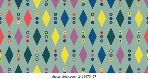Modern vector abstract seamless geometric pattern with diamonds and circles in retro scandinavian style. 