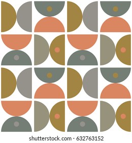 Modern vector abstract seamless geometric pattern with semicircles and circles in retro scandinavian style. Soft pastel orange, mustard yellow, blue and gray shapes on white background.