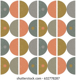 Modern vector abstract seamless geometric pattern with semicircles and circles in retro scandinavian style. Pastel orange, mustard yellow, blue and gray shapes with worn out texture on white background