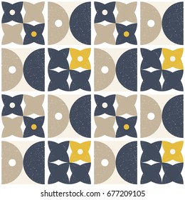 Modern vector abstract seamless geometric pattern with semicircles and circles in retro Scandinavian style.Pastel colors shapes with worn out texture on white background.