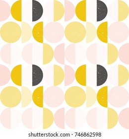 Modern vector abstract seamless geometric pattern with semicircles and circles in retro scandinavian style. Pastel colors shapes with worn out texture on white background.