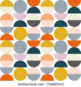 Modern vector abstract seamless geometric pattern with semicircles and circles in retro scandinavian style. Pastel colors shapes with worn out texture on white background.
