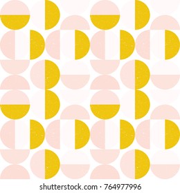Modern vector abstract seamless geometric pattern with semicircles and circles in retro scandinavian style. Pastel colors shapes with worn out texture on white background.