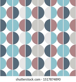 Modern vector abstract seamless pattern. Brown, blue, grey and blue semicircles on a white background. Vertical lines