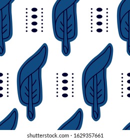 Modern vector abstract seamless pattern. Dark blue leaves. Geometric lines in scandinavian pattern. Minimalistic nordic style. Vector illustration set