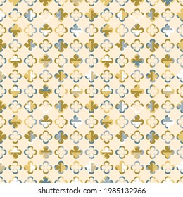 Modern vector abstract seamless pattern with stylised gold and blue layered flowers in retro style. Decorative geometric floral grid texture in vintage colour scheme for wallpaper and prints. 
