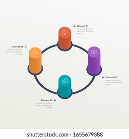 Modern vector abstract step label infographic elements. Circular columns, 3d chart of data with icons. 4 steps or options, EPS10