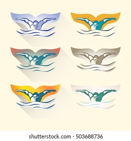 Modern Vector Abstract Swimming Logo. Pool logo set. Swimming through waves concept design. Vintage colors.