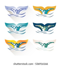 Modern Vector Abstract Swimming Logo. Pool logo set. Swimming through waves concept design. Vintage colors.