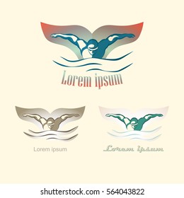 Modern Vector Abstract Swimming Logo. Pool logo set. Whale tail and swimmer concept design. Vintage colors.