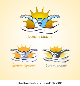 Modern Vector Abstract Swimming Logo. Pool logo set. Swimming through waves concept design. Swim at sunrise, vintage colors.