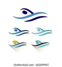 Modern Vector Abstract Swimming Logo. Pool logo set. Swimming through waves concept design