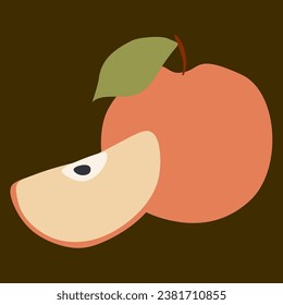 Ilustración moderna de manzana vectorial. Diseño plano vectorial fruta y rodaja. Elemento de diseño de caricaturas comestibles aislado para tarjeta, cartel, decoración del festival Harvest, libro infantil.