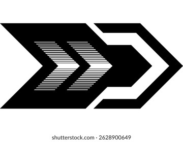 Modern Vector Arrow Black on White. Striped Design Element. Sport Racing Pattern. Direction Indicator, Navigation. Stripe on Auto, Moto, Boat, Sports Car and Toy. Vector Background. Epaulette, Chevron