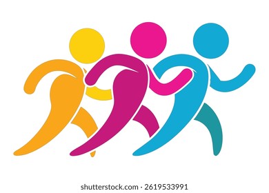 Modern vector art of a diverse fitness group jogging in sync, featuring colorful activewear and dynamic motion lines. Perfect for active lifestyle, community, and wellness themes.