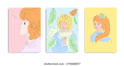 Afiches modernos de arte vectorial con las jóvenes bellas chicas. Estilo poco convencional. Compatible con el diseño interior, web e impreso. Vector.