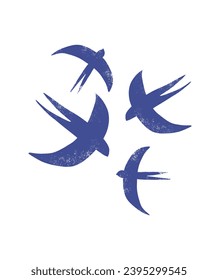 Arte vectorial moderno con silueta de golondrinas voladoras. Impresión simple de grietas azules aisladas en un fondo blanco. Ilustración de Grupo de Aves Azules en un cielo ideal para arte en la pared, afiche. RGB. 