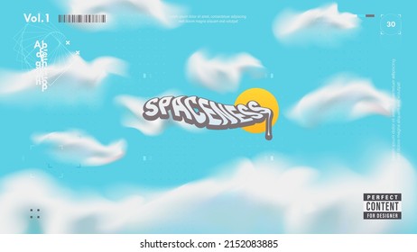 Modern vector background with blue sky and mesh clouds with "Spaceness" sign in center . New age street culture design