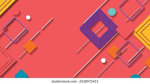 Um plano de fundo vetorial moderno com formas geométricas, quadrados, círculos e linhas coloridos. Ideal para designs criativos, apresentações e projetos digitais.